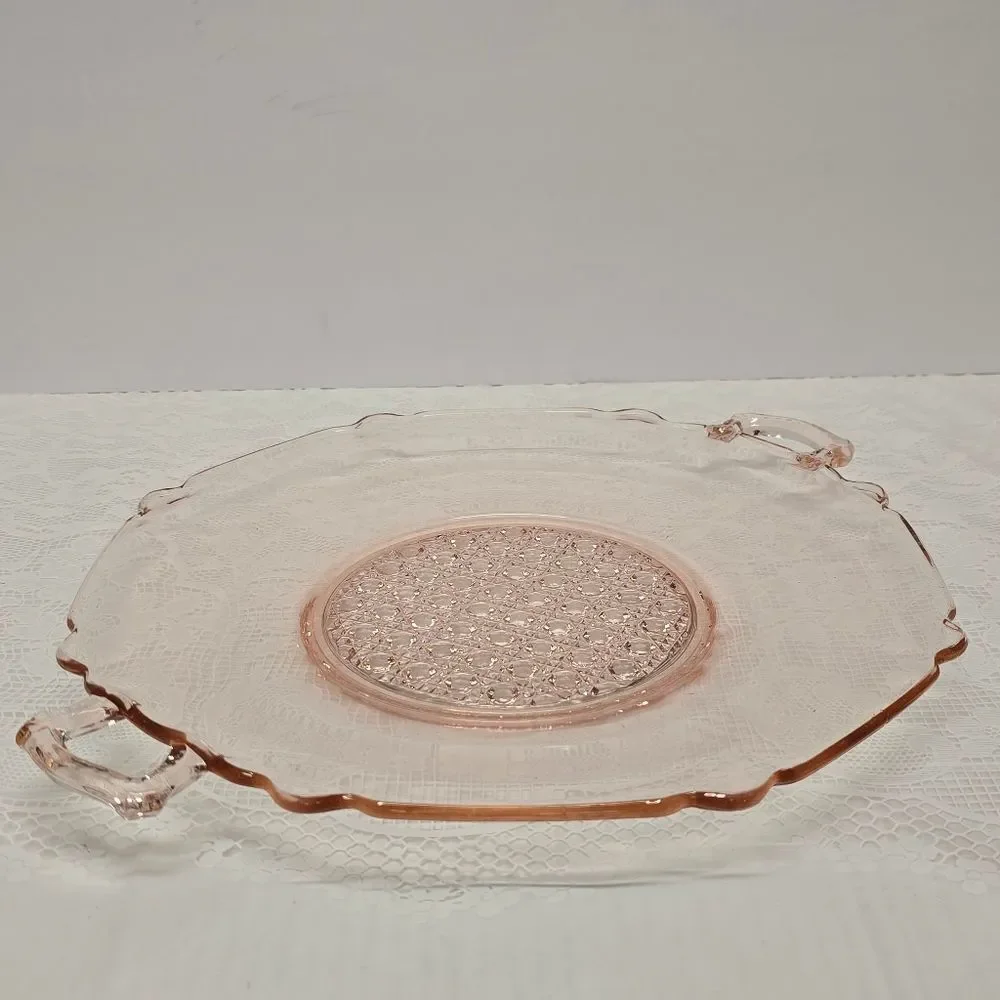 Vintage Lancaster Pink Depression Glass Landrum Cane Center Handled Platter Tray